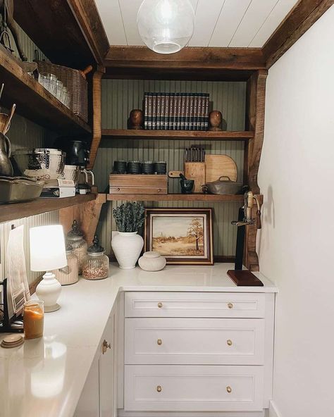 26 Walk-in Pantry Organization Ideas for a Tidy Space Vintage White Cabinets, Stained Wood Beadboard Walls, Walk In Pantry Decor, Stained Pantry Shelves, Pantry With Appliances, Pantry Wood Shelves, Stained Beadboard Walls, Beadboard Pantry, Pantry Behind Kitchen Wall