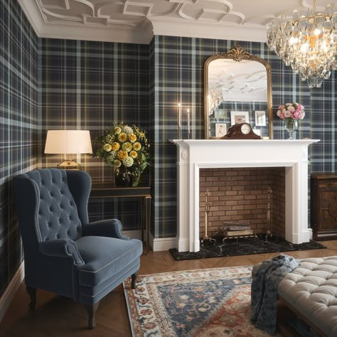 Our Heritage Tartan wallpaper comes in a timeless colour combination of blue, green and yellow. A classic plaid print that never feels dated, hang this blue tartan wallpaper in your hallway or bedroom. Tartan Peel And Stick Wallpaper, Stag Wallpaper, Tartan Decor, Tartan Wallpaper, Golf Room, Egyptian Blue, Plaid Wallpaper, Blue Tartan, Up House