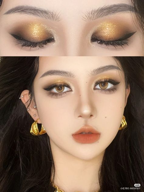 Golden Skin Makeup, Black And Gold Douyin Makeup, Green Gold Makeup Looks, Golden Douyin Makeup, Yellow Douyin Makeup, Yellow Make Up, Gold Douyin Makeup, Yellow And Green Makeup, Eye Makeup Dark Skin