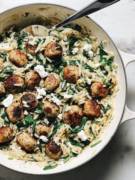 Greek Skillet, Meatballs With Spinach, Greek Chicken Meatballs, Feta Orzo, Spinach Meatballs, Meatball Dinner, Greek Meatballs, Feta Chicken, Spinach Feta