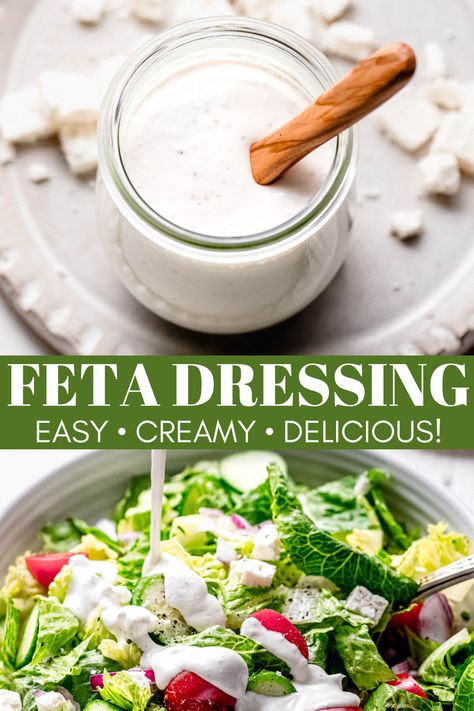 Creamy Feta Dressing is easy to make with just 8 simple ingredients. It adds a burst of flavor to salads, grilled meats, sandwiches & more. // recipe // greek salad // for gyro // easy Feta Cheese Dressing, Greek Yogurt Salad Dressing, Feta Dressing, Dinner And Lunch Recipes, Dill Dressing, Creamy Feta, Creamy Salad Dressing, Eat More Veggies, Rose Recipes