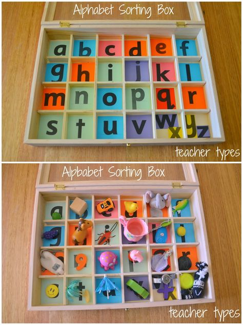 Alphabet Sorting Box Play Based Alphabet Activities, Thema Letters, Elkonin Boxes, Word Building Activities, Preschool Language, Montessori Diy, Phonemic Awareness Activities, Phonics Rules, Montessori Toddler Activities