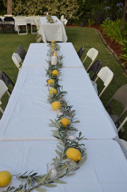 Wedding Flowers Table, Lemon Table Decor, Lemon Themed Party, Simple Table Decorations, Lemon Themed Bridal Shower, Italian Dinner Party, Italian Party, Deco Champetre, Olive Branches