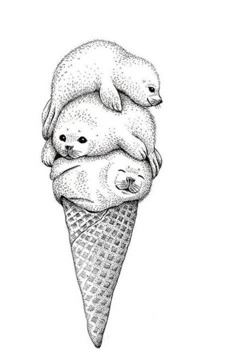 Ice Cream Tattoo, Seal Cartoon, Seal Tattoo, Ice Cream Cone, Children’s Books, Tattoos And Piercings, Coloring Pages, Sketch Book, Illustration Art