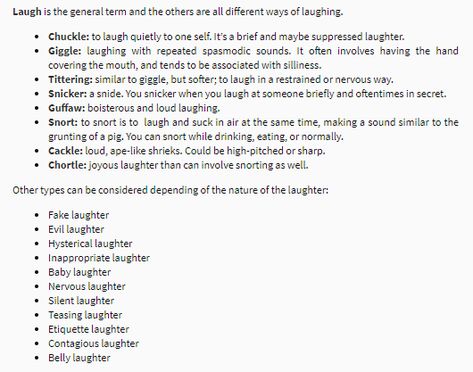 Writing Laughter, Ways To Describe Laughter, Types Of Laughter, Words To Describe A Laugh, Describing A Laugh, Describing Accents Writing, Roleplay Writing Tips, Hand Description Writing, How To Describe A Laugh In Writing