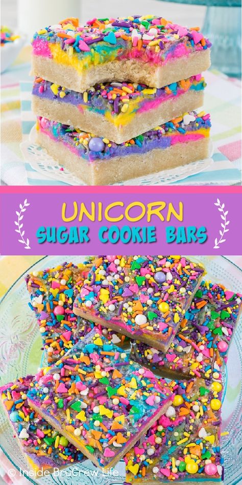 Unicorn Sugar Cookie Bars - these easy unicorn bars are made and frosted in one pan. Colorful vanilla frosting and rainbow sprinkles make them so fun. Great dessert recipe for any party! Unicorn Dessert Ideas, Unicorn Pudding Cups, Rainbow Treats For Kids, Easy Rainbow Cookies, Rainbow Food Ideas Party Treats, Colorful Baked Goods, Kids Birthday Desserts, Easy Kids Dessert Recipes, Fun Birthday Desserts