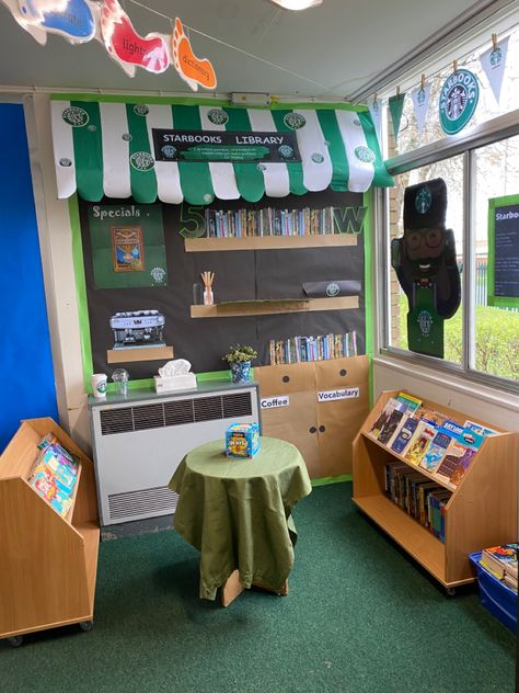 Primary school classroom display - Starbooks Library Coffee Shop Reading Corner, Cafe Reading Corner, Star Books Cafe Classroom, Bookstore Classroom Theme, Starbooks Display, Reading Cafe In Classroom, Starbooks Reading Area, Starbooks Library, Starbooks Cafe Classroom