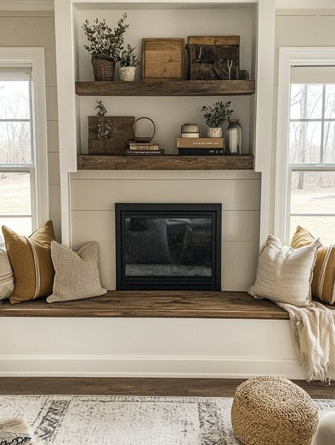 🔥 Cozy Farmhouse Fireplace Ideas You’ll Love! 🏡✨ - Tiny Home Fireplace Ideas, Propane Fireplace Indoor Farmhouse, Fireplace Sitting Area Cozy, Propane Fireplace Indoor, Modern Farmhouse Fireplace Ideas, Modern Farmhouse Mantle Decor, Fireplace With Bench, Modern Farmhouse Mantle, Farmhouse Fireplace Ideas