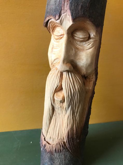 Hand carved Art Sculpture En Bois, Bark Carving, Moon Stars Art, Wood Carving Art Sculpture, Tree Man, Whittling Projects, Wood Carving Faces, Hand Carved Walking Sticks, Simple Wood Carving