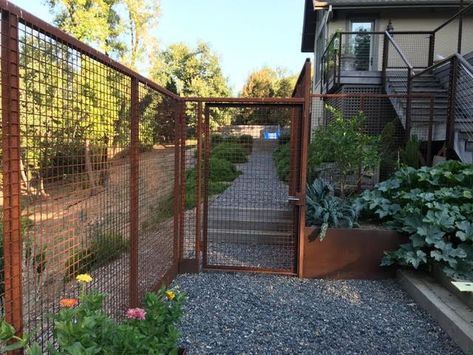 Hog Wire Fence Door, Modern Wire Fence, Hog Wire Fence Front Yard, Hog Panel Fence Gate, Metal Fence Ideas Steel, Minimalist Gate, Contemporary Fence Design, Wood And Welded Wire Fence, Contemporary Fence