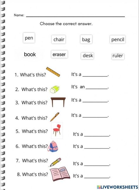 School Objects, Teach English To Kids, Back To School Worksheets, English Grammar Exercises, Kids Worksheet, English Worksheets For Kindergarten, Things For School, Grammar For Kids, English Activities For Kids