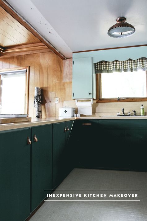 Clark and Kensington Olive Tree Vct Kitchen Floor, Vinyl Composite Tile Flooring, Green House Kitchen, Updated Cabin, Cabin Update, Cabin Resort, Tahoe Cabin, Cabin Remodel, Log Cabin Interior