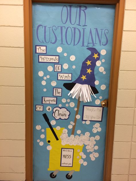 Custodian Bulletin Board, Custodian Appreciation Door Decorations, Custodian Door Decoration Decorating Ideas, Janitor Door Decoration, Principal Office Door Decorating Ideas, Classroom Door Themes Elementary, Principal Door Decorations, Staff Room Bulletin Boards, Custodian Day Ideas