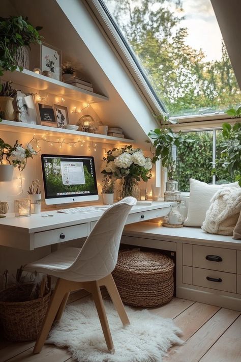 Cozy Attic Office, Home Office Natural Light, Window Seat With Desk, Pastel Office Aesthetic, Room Ideas With Desk, Fairy Lights Desk, Cosy Office Ideas, Desk Floating Shelves, Calm Home Office