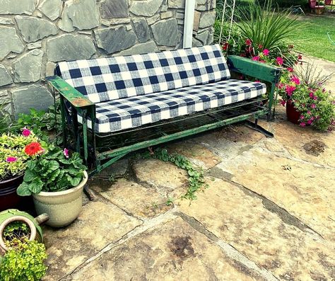 Vintage Metal Glider, Porch Goals, Porch Glider, Glider Cushions, Antique Furniture Restoration, Garden Fence Art, Outdoor Glider, Iron Patio Furniture, Vintage Patio