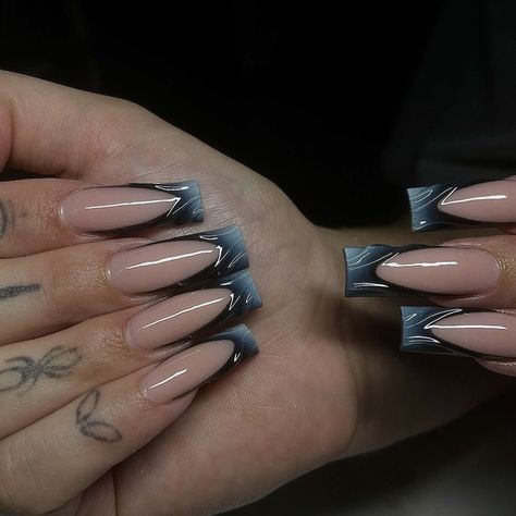 Design On French Nails, Blue Nails Square Long, Blue Unique Nails, Turquoise And Black Nails, Dark Goth Nails, Going Out Nails, Taurus Nails, Nail Ideas Dark, Blue And Black Nails