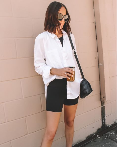 http://liketk.it/3hysW Bike Shorts With Button Down, Bike Shorts And Button Down, Biker Shorts And Oversized Shirt, Casual Biker Shorts Outfit, Glasshouse Wedding, Cycling Shorts Outfit, Sunday Ootd, Cool Mom Style, Shirt Outfit Summer