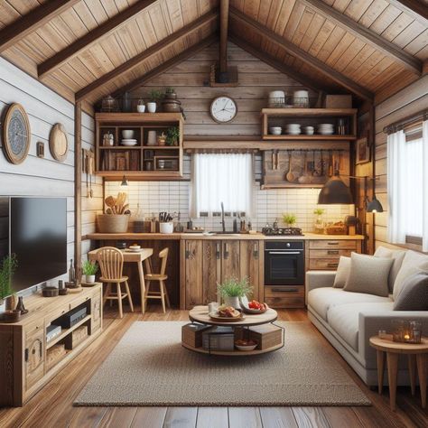 Tiny Cabin Living Room, Small Lakeside Cabin, One Room Cabin Interior Layout, Studio Cabin Interior, Small Rustic Cabin Interiors, Small Country Home With Loft, Cute Cottage Interior, One Room Cabin Interior, Tiny Home For Family Of 5 Rustic