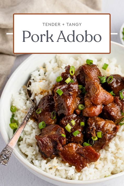 Tender, slow-cooked pork adobo is an easy recipe full of rich, tangy, slightly sweet flavors. Serve it over a bed of rice or on its own for a simple but delicious meal! Adobo Pork, Pork Adobo Recipe, Phillipino Food, 40 Aprons, Pork Adobo, Adobo Recipe, Slow Cooked Pork, Easy Chinese Recipes, Peruvian Recipes