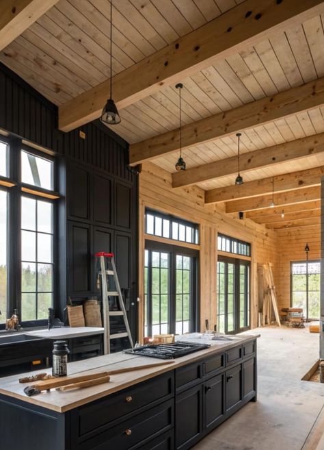 Wood Ceiling Cabin, Moody Barndominium, Fish Camp House, Book Shelves Diy, First House Ideas, Exposed Ceiling, Walker House, Forever Home Ideas, Lake Ideas