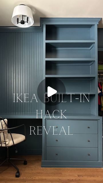 Small Office Built Ins Cabinets, Closet With Built In Desk, Billy Bookcase And Desk Hack, Ikea Hacks Bookcase Built Ins, Kallax Office Hack, Built In Bookshelves Desk, Office With Storage Ideas, Built In Desk Hack, Ikea Built In Office