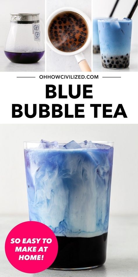 A pretty, caffeine-free blue colored bubble tea you can easily make at home. Get tips and easy step-by-step instructions. #bubbletea #milktea #tearecipes #butterflypeaflower #caffeinefree #bobatea #herbaltea Butterfly Pea Flower Milk Tea, Blueberry Bubble Tea, Yellow Drinks, Milk Beverages, Milk Tea With Boba, Summer Tea Recipes, Flavored Iced Tea Recipes, Taro Bubble Tea, Mat Inspiration