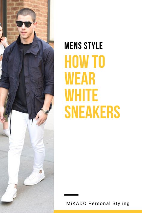 Understanding men's fashion and making getting dressed the easiest part of your day. How to style men's white sneakers with ease. White Trainers Men Outfit, Mens White Sneakers Outfit, White Sneakers Men Outfit, White Sneakers Outfit Men, White Shoes Outfit Men, Monochromatic Outfit Men, White Dress Sneakers, White Trainers Men, Old Man Outfit