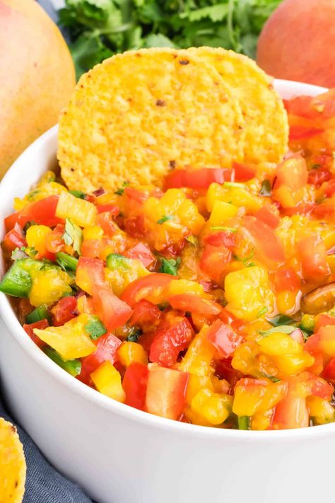 Mango Peach Salsa Mango Salsa Canning Recipe, Peach Mango Salsa, Peach Salsa Recipe, Salsa Canning Recipes, Peach Salsa Recipes, Mango Salsa Recipes, Mini Sweet Peppers, Peach Salsa, Easy Salsa