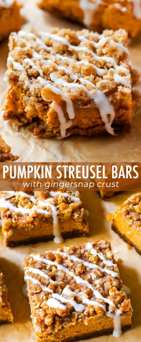 Instead of pumpkin pie this season, try my pumpkin streusel bars. With a gingersnap crust and brown sugar streusel topping, everyone will want seconds! Recipe on sallysbakingaddiction.com Desserts Nutella, Pumpkin Streusel, Streusel Bars, Weight Watcher Desserts, Smores Dessert, Dessert Oreo, Gingersnap Crust, Pumpkin Desserts, Fall Faves