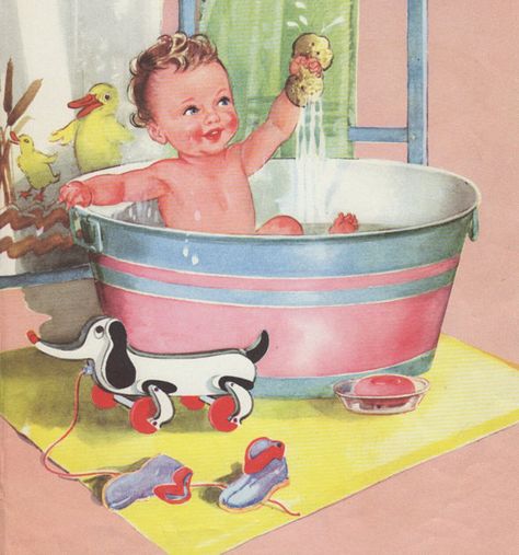 DOROTHY 1950s Illustration, Bath Illustration, Vintage Baby Pictures, Antique Nursery, Etiquette Vintage, Baby Nursery Themes, Baby Bath Time, Bath Time Fun, Baby Decor