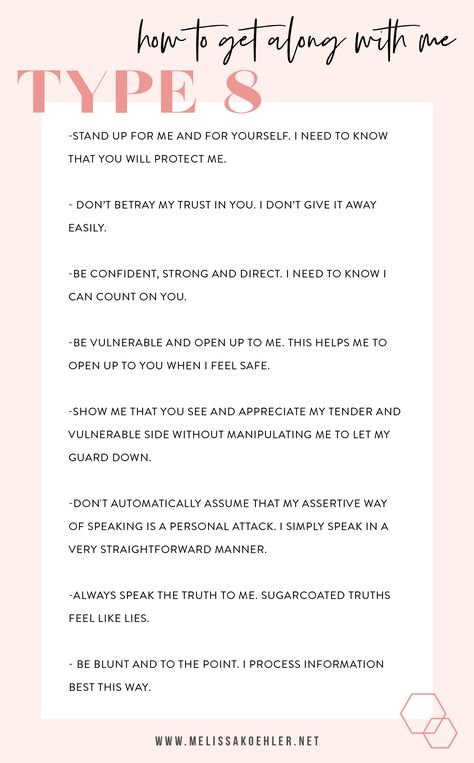 Get Along With Me: Type Eight - melissakoehler.net Enneagram Type 8 Female, Enneagram 8w9, 2 Enneagram, Enneagram Type 8, 4 Enneagram, Personalidad Enfp, Enneagram 5, Enneagram 8, Enneagram Type 2