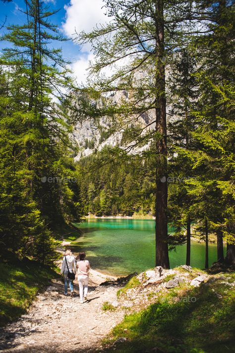 Green Lake landscape in Styria, Austria. Gruner See place to visit tourist destination. by IciakPhotos. Green Lake, Styria, ¨C Austria.16.05.2017: Gruner See place to visit, tourist destination. Vertical photo two young gi... #Sponsored #Gruner, #Austria, #visit, #place Styria Austria, Green Lake, Lake Park, Lake Landscape, Europe Trip, Place To Visit, Tourist Destinations, Scenery Wallpaper, Europe Travel