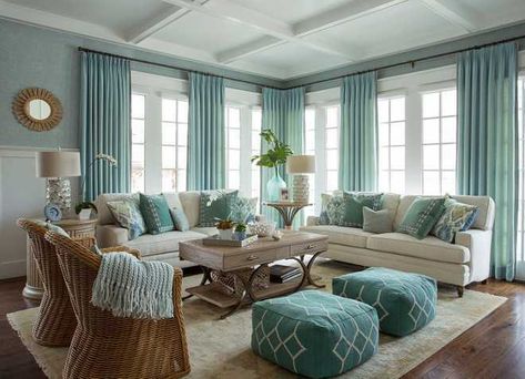 Coastal living room with turquoise accents. Aqua living room design. Get the full details on how to recreate this look on A Blissful Nest. ablissfulnest.com #livingroom #livingroomideas #turquoiselivingroom #livingroomdesign #interiordesign #designtips Living Room Decor Pictures, Beachy Living Room, Turquoise Living Room Decor, Beach Decor Living Room, Living Room Turquoise, Furnitur Ruang Keluarga, Coastal Decorating Living Room, Beach Living Room, Coastal Living Rooms