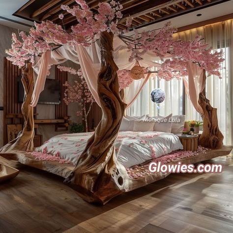 Monique L Dorange | 🌸 Cherry Blossom Wooden Canopy Bed 🌸 | Instagram Cherry Blossom Room Aesthetic, Sakura Bedroom, Round Bed Designs, Cherry Blossom Room, Cherry Blossom Bedroom, Wooden Canopy Bed, Round Bed, Wooden Canopy, Bed Canopy