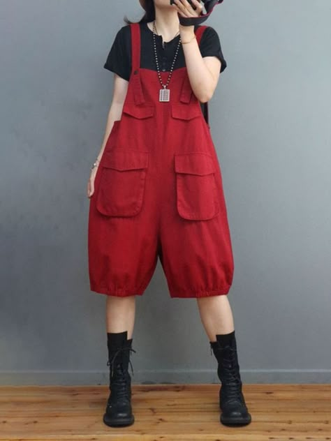 Style: Street Material: Cotton Pattern: Solid Color Length: Half length Decoration: Pocket Closure Type: Pullover Silhouette: Loose Gender: Female Season: Summer #overalls #shorts #cotton #beachwear Overalls And Hoodie, Alternative Japanese Fashion, Red Overalls Outfits, Amab Enby Fashion, Quirky Summer Outfits, Cute Female Outfits, Dark Red Jumpsuit, Rompers Outfit, Jumpsuits Plus Size