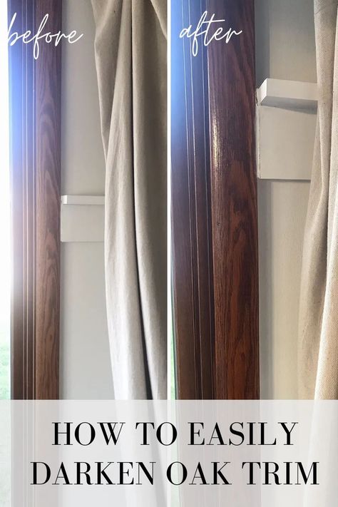 Feeling stuck with orange-colored trim because it's not your style and/or doesn't match your home? There's a way to change it without having to replace it all OR paint! Check out this post to get a super easy way to change the color of your orange oak trim and update your home! #updateoaktrim #updatetrim Wood Trim Makeover, Orange Oak Trim, Update Oak Trim, Window Trim Styles, Honey Oak Trim, Stained Wood Trim, Oak Mantle, Stained Trim, Oak Windows