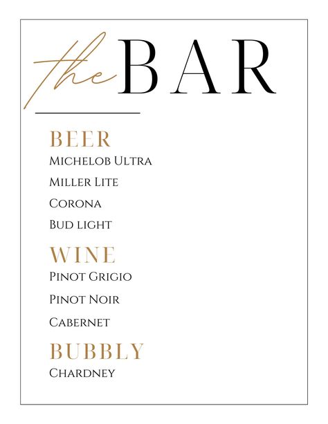 Bar template- gold or black. Comes with both color choices. Make it your own, perfect for your special day! Bar Menu Ideas, Self Serve Bar, Private Bartender, Bartending Business, Mobil Bar, Mobile Bar Cart, Bar On Wheels, Bar Business, Mobile Bars