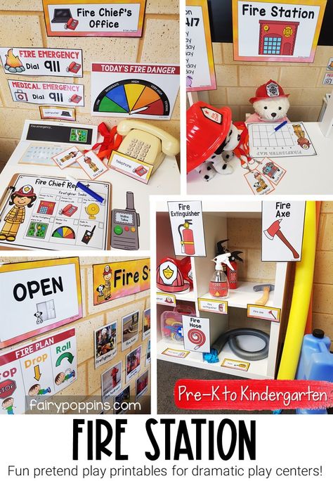 This fire station dramatic play center helps kids learn about fire safety and engage in pretend play. This pack includes printables for a fire station, fire chief's office, animal rescue and fire truck area. #firestation #firesafety #communityhelper #dramaticplay #pretendplay #dramaticplaycenter #pretendplaycenter #firestationdramaticplay #firestationpretendplay #preschool #prek #kindergarten #kidsplay #learnthroughplay #playideas Fire Sensory Play, Fire Station Dramatic Play, Firefighter Dramatic Play, Dramatic Play Printables Free, Fireman Crafts, Community Helpers Activities, Fire Safety Preschool, Pretend Play Printables, Play Preschool