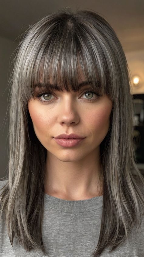 medium length gray hairstyles with bangs Long Bob Hairstyles With Fringe Shoulder Length Medium Layered, Shaggy Bangs Medium, White Hair With Bangs, Gray Bangs, Gray Hairstyles With Bangs, Shaggy Bangs, Medium Length Hairstyles With Bangs, Bobbed Hairstyles With Fringe, Bangs Medium Length