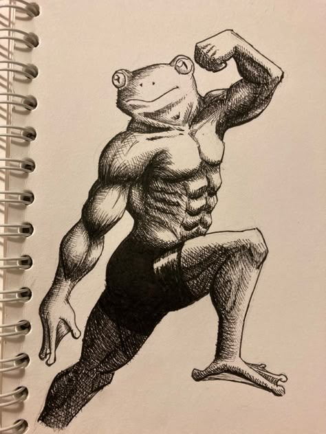 Muscular Frog Drawing, Buff Drawing Funny, Muscle Frog Drawing, Buff Frog Drawing, Muscular Cat Drawing, Frogman Corps, Buff Cat Drawing, Funny Frog Drawings, Frog Painting Ideas