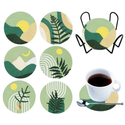 6PCS Diamond Crafts Coasters with Holder Wooden (Fresh Greenery) Painting Coasters, Art Coaster, Coasters With Holder, Blink Blink, Cool Coasters, Diy Coasters, Google Lens, Colorful Table, Stone Pattern