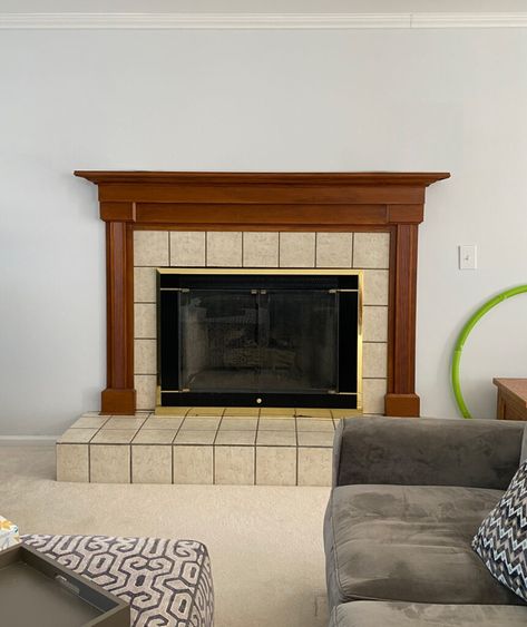 First House: Fireplace Makeover Plans - Come Stay Awhile by Amanda Vernaci | Modern Farmhouse DIY + Home Renovation 70s Fireplace Makeover Brick, 90s Fireplace Makeover Tile, Updating 90s Fireplace, 60s Fireplace Makeover, 90s Fireplace Makeover, Fireplace Facing, 1970’s Fireplace Heater, 80s House, Wood Plank Flooring