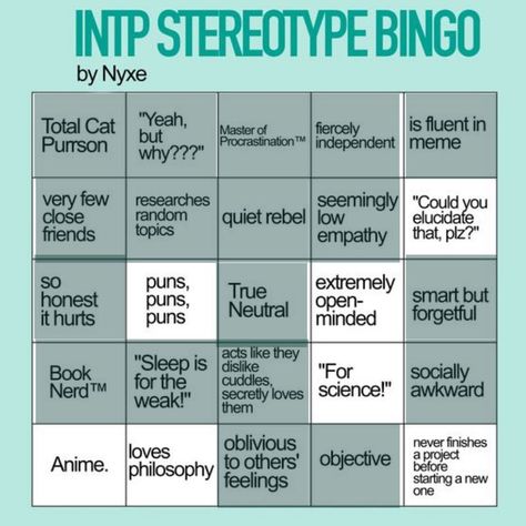 Intp Bingo, Intp, Mbti, Bingo, Puns, Philosophy, Mindfulness, Feelings, Memes