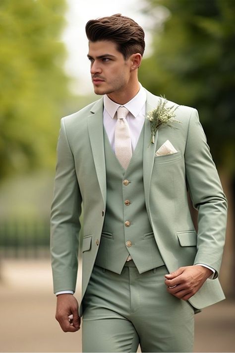 Light Green Suit Men Wedding, Light Green Wedding Tuxedo, Elegant Pista Green Unstitched Wedding Suit, Pastel Green Groomsmen, Pastel Green Tuxedo, Gray Groomsmen Suits, Pink Green Wedding, Groomsmen Grey, Classy Suits