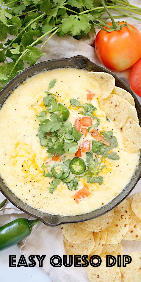 Cheesy queso dip in a cast iron skillet with jalapenos, tomatoes, cilantro and tortilla chips. Make Queso Dip, Queso Recipe Easy, Queso Dip Easy, Homemade Queso Dip, Queso Dip Velveeta, Easy Queso Dip, Spicy Queso Dip, Queso Dip Crockpot, Queso Fresco Recipe