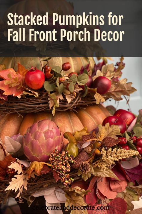 Creative Stacked Pumpkins for Fall Front Porch Decor Pumpkin Stack Front Porches, Pumpkin Topiary Front Porches, Stackable Pumpkins For Front Porch, Stacked Pumpkins Porch, Stacked Pumpkins Diy, Fall Topiary Diy, 3 Pumpkins Stacked, Pumpkin Topiary Diy, Fall Topiaries