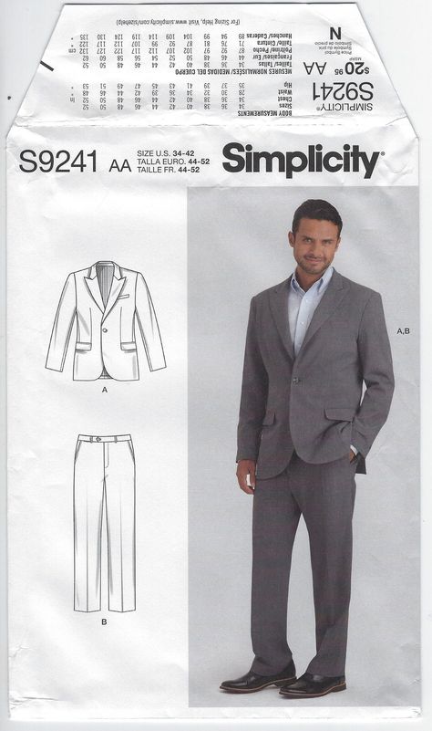 Please note this auction is for the sewing pattern only, not the finished item. Simplicity  S9241 sizes   AA 34-36-38-40-42  and  BB 44-46-48-50-52  available Men's Suit: Fitted, unlined jacket has peaked lapels, two-piece sleeves, back vents;  Slightly tapered fitted pants have front & back pockets & buttoned waistband 35 pattern pieces  pattern is new - uncut & complete with instructions Sewing Patterns listed are Uncut patterns - however the packaging may show minimal to heavy wear. See pictu Suit Sewing Pattern Mens, Suit Patterns Men's, Mens Suits Pattern, Mens Jacket Pattern, Vintage Suit Men, Suit Sewing Patterns, Sewing Men, Mens Sewing Patterns, Unlined Jacket