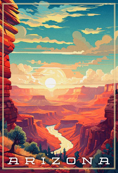 Grand Canyon Postcard, Grand Canyon Illustration, Grand Canyon Drawing, Grand Canyon Aesthetic, Canyon Drawing, Arizona Wallpaper, Grand Canyon Poster, Grand Canyon Art, Gran Canyon