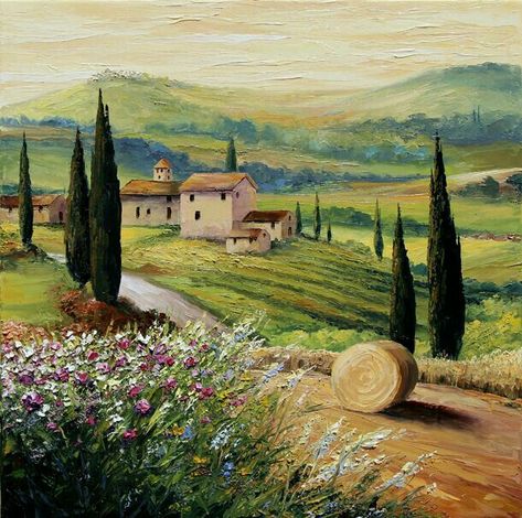 Tuscany Paintings, Tuscan Art, Tuscany Landscape, Countryside Paintings, Italy Painting, Italian Landscape, Italian Countryside, Landscape Paintings Acrylic, Art Painting Gallery