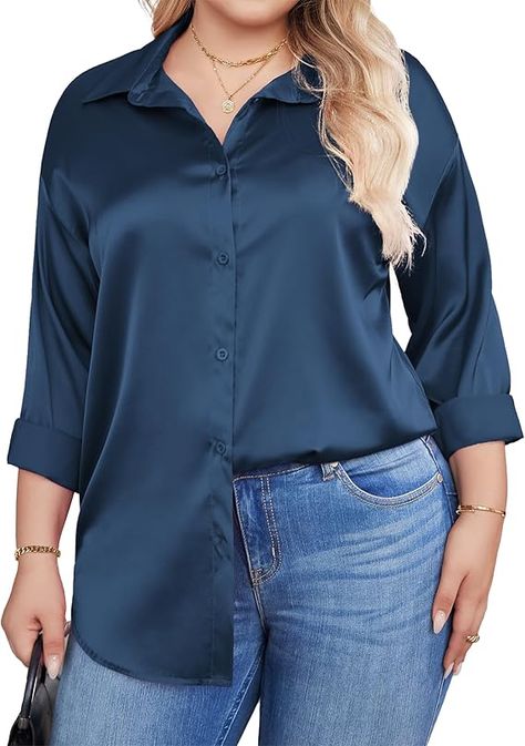 Button Down Shirts Casual Long Sleeve Office Work Tunic Tops Plus Size Satin, Satin Bluse, Ladies Wear, Satin Blouses, Stretchy Tops, Cargo Skirt, Satin Silk, Wrap Sweater, Office Work